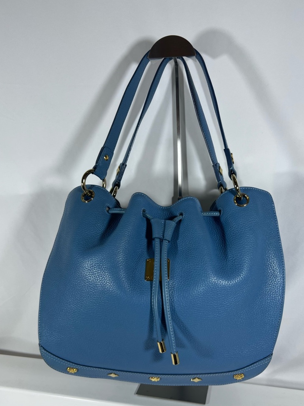 3062: MCM Blue Pebbled Leather Drawstring Bucket Shoulder Bag